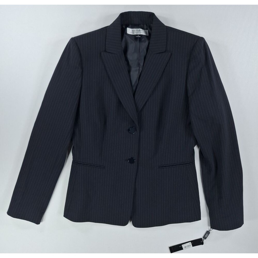 Macys Navy White Pinstripe Carlos Style Tahari Size 6 Single Breasted Blazer